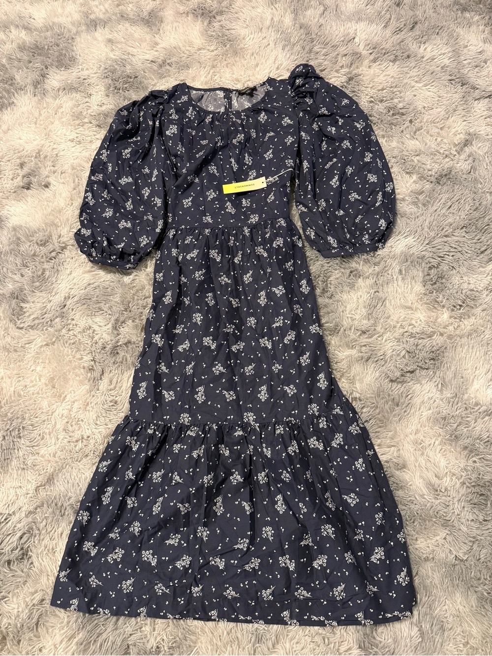 summersalt Navy Floral Puff-Sleeve Tiered Midi Dress NWT